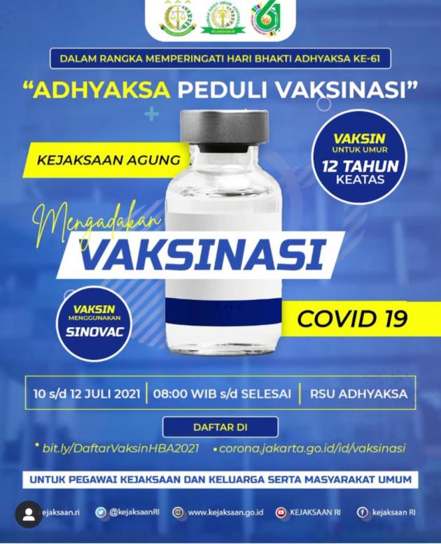 Melalui Adhyaksa Peduli dan Memperingati Hari Bhakti Adhyaksa ke-61, Kejagung Laksanakan Vaksinasi COVID-19 Untuk Usia 12 Tahun Keatas