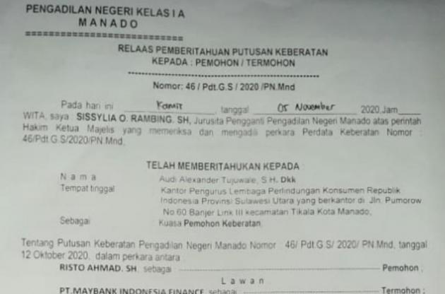Kerja Keras Tim LPK-RI Sulut Membuahkan Hasil, Keberatan PT Maybank Finance Manado Ditolak PN Manado